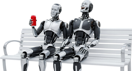 Two robots with metallic bodies sitting on a white bench one holding a red can isolate android cyborg