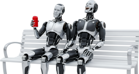 Two robots with metallic bodies sitting on a white bench one holding a red can isolate android cyborg