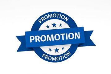 Blue circular promotion badge with ribbon and stars for marketing and advertising campaigns