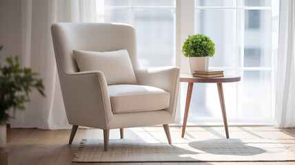 Cozy Armchair by a Sunlit Window with Plant and Books