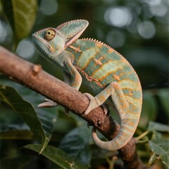 Fototapeta premium Close-up macro shot of a colorful chameleon on a branch with jungle background, ultra-realistic textures and lighting