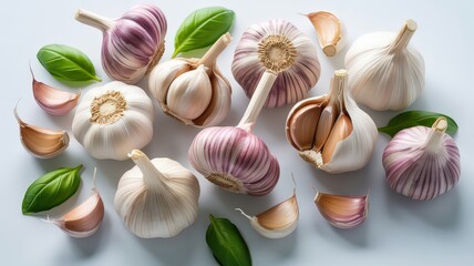Fototapeta premium Garlic Bulbs and Cloves with Fresh Basil Leaves