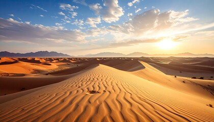 Scenic Desert Landscape with Golden Sand Dunes Under a Bright Blue Sky at Sunrise Warm Light Ripples on Sand Distant Buildings Silhouetted
