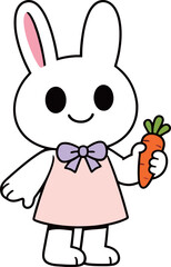Fototapeta premium Simple and cute cartoon rabbit character in a pink dress, holding a fresh carrot, a sweet and gentle illustration.