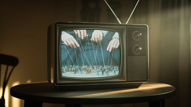 Old TV with Puppetry: An old television set sitting atop a wooden table, the screen showing a hand puppeteering marionettes, evokes an atmosphere of power and control.