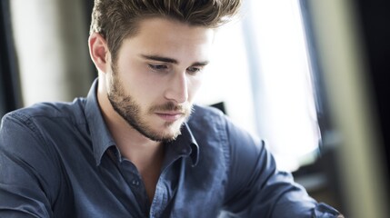 formal. Focused male professional at a minimalist desk, bathed in soft left-side window light. pitch deck slides, case study pages, designed for corporate presentation decks and stakeholder reports.