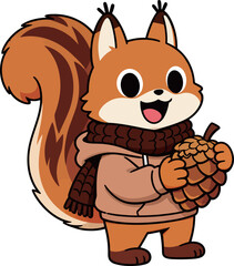 Cute cartoon squirrel in a hoodie and scarf, happily holding a pinecone, a cozy and warm autumn-themed illustration.
