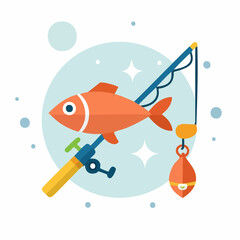 Naklejka premium Catch of the Day: Vibrant illustration captures the thrill of fishing with a whimsical orange fish caught on the hook, the fishing rod pointing to the sky, evoking sense of joy and fun.