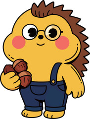 Cute yellow hedgehog with glasses and blue overalls, happily holding a bunch of acorns, a smart and charming character.