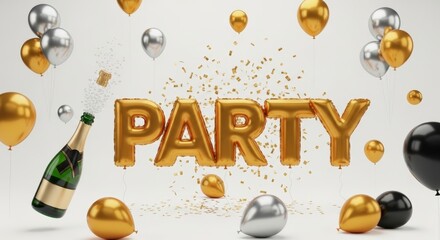 Celebration scene featuring golden balloons and champagne elements creating a lively party atmosphere