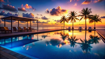 Serene Evening: Empty Luxury Resort Poolside Platform, Ready for Event