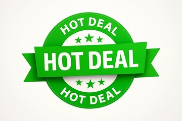 Bright green circular badge with a banner across the center announcing a hot deal with stars