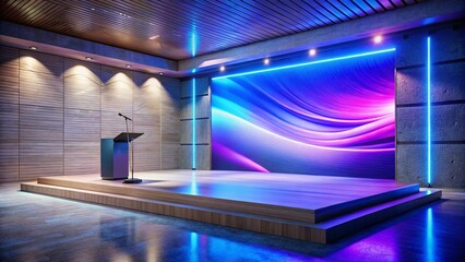 Tech Product Launch Stage: Industrial Design, Concrete, Wood, LED Screen, Podium