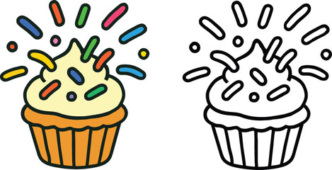 Cartoon cupcake with icing and rainbow sprinkles