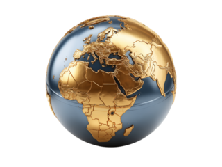 Elegant gold and blue 3d globe world map, Isolated On White Background, Png Transparent