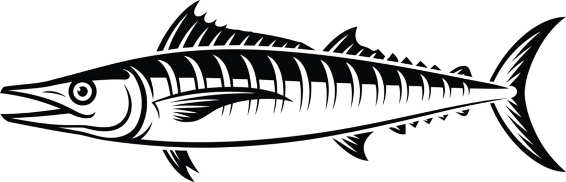 Striking Wahoo Fish Illustration Detailed Black and White Graphic Depiction of a Majestic Underwater Predator Marine Animal Emblem