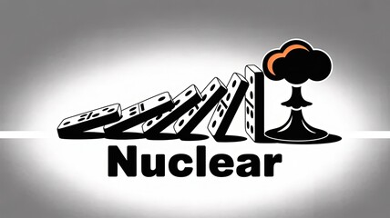 Nuclear Domino Effect: A symbolic representation of nuclear threat, with dominoes cascading toward a mushroom cloud, conveying the dangers of nuclear fallout.