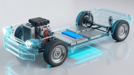 Futuristic Transparent Electric Vehicle Chassis with Blue Glow