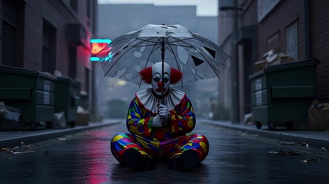 A somber clown figure sits pensively under an umbrella on a rainy street, reflecting on emotions