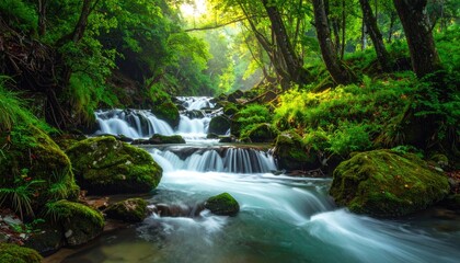 Fototapeta premium Scenic Lush Forest River with Mossy Rocks and Cascading Water in Green and Brown Nature Background with Sunlight Streaming Through Trees Tranquil Landscape