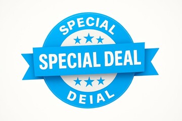 Obraz premium Bright blue circular badge with ribbon announcing special deal and three stars