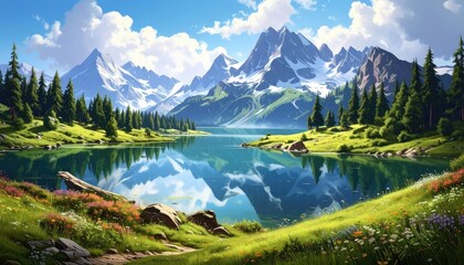 Fototapeta premium Scenic Mountain Lake Landscape with Snowy Peaks Lush Greenery and Clear Sky Reflection