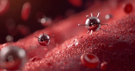 Entering metallic spiky nanoparticles gliding along blood vessel wall with drifting red blood cells - Powered by Adobe