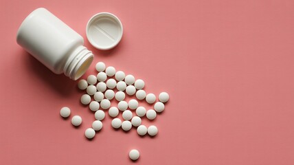 Find relief with white pills spilled from bottle on pink background