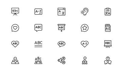 Linguistics and phonetics line icon set with editable, pixel-perfect illustrations. Includes professional, modern, and minimal vector icons ideal for language-related visuals.