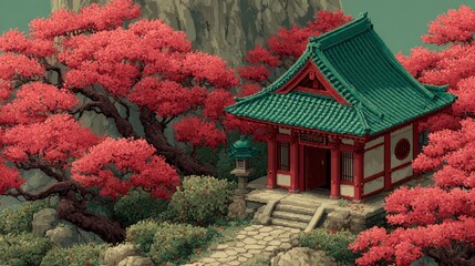 Pixel art of a Japanese temple surrounded by vibrant cherry blossom trees