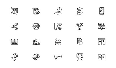 Linguistics and phonetics line icon set with editable, pixel-perfect illustrations. Includes professional, modern, and minimal vector icons ideal for language-related visuals.