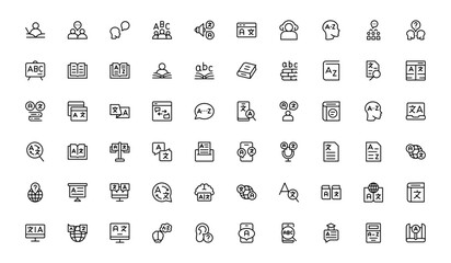 Linguistics and phonetics line icon set with editable, pixel-perfect illustrations. Includes professional, modern, and minimal vector icons ideal for language-related visuals.