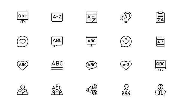 Linguistics and phonetics line icon set with editable, pixel-perfect illustrations. Includes professional, modern, and minimal vector icons ideal for language-related visuals.