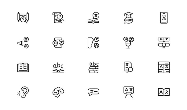 Linguistics and phonetics line icon set with editable, pixel-perfect illustrations. Includes professional, modern, and minimal vector icons ideal for language-related visuals.