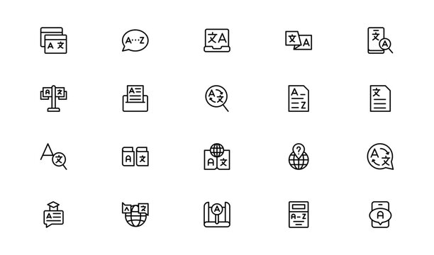 Linguistics and phonetics line icon set with editable, pixel-perfect illustrations. Includes professional, modern, and minimal vector icons ideal for language-related visuals.