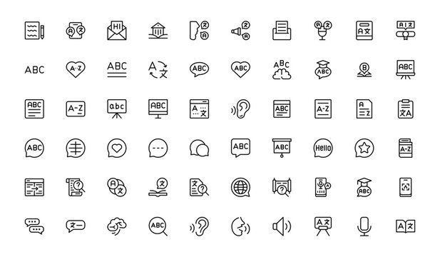 Linguistics and phonetics line icon set with editable, pixel-perfect illustrations. Includes professional, modern, and minimal vector icons ideal for language-related visuals.