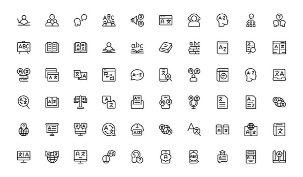 Linguistics and phonetics line icon set with editable, pixel-perfect illustrations. Includes professional, modern, and minimal vector icons ideal for language-related visuals.