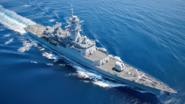 Aerial view of a modern frigate sailing through the ocean waves at high speed military power