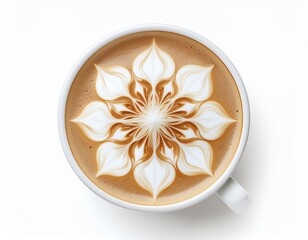A perfectly crafted cup of coffee with an intricate floral latte art design, viewed from above on a clean white background