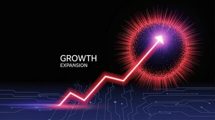 Business Growth Trajectory: A dynamic visual showcasing upward momentum and expansion, depicting a vibrant red arrow ascending, symbolizing growth against a tech-inspired background.