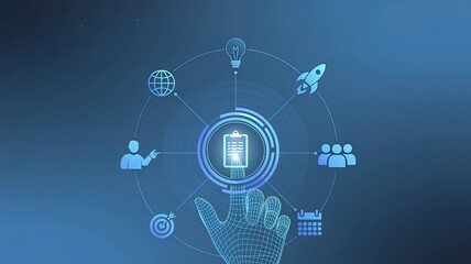 Innovation at Your Fingertips: An imaginative digital illustration showcases an illuminated hand engaging with a futuristic interface.  Featuring various icons, symbolizing creativity, global reach.