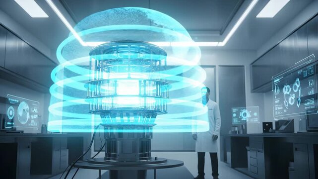 Cinematic futuristic laboratory with glowing quantum computer core, holographic screens and a scientist observing advanced technology.