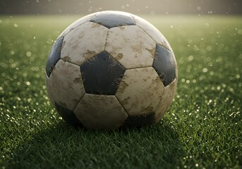 Fototapeta premium Classic pentagonal football design on a misty, sunlit grass field with a dramatic lighting aesthetic