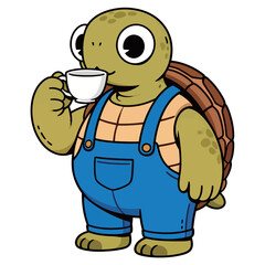 A charming and relaxed cartoon illustration of a cute tortoise mascot, wearing blue overalls and a yellow plaid shirt, peacefully sipping from a cup of coffee or tea.