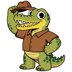 An adventurous and charming cartoon illustration of a crocodile mascot, wearing a brown safari shirt and tipping a matching hat, with a wide, confident smile.