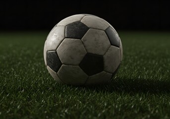 Fototapeta premium Realistic 3D design of a classic soccer ball on lush green grass at night with dramatic lighting