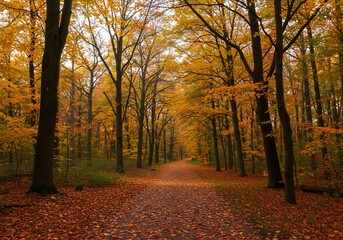 Fototapeta premium 秋の黄葉道、森の遊歩道写真