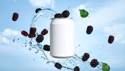 Blank white can with water splash and blackberries