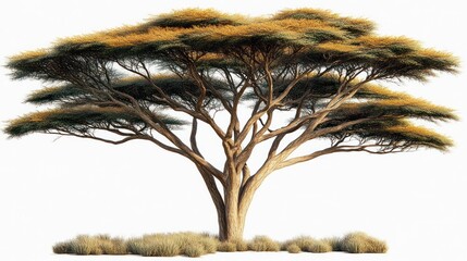 Isolated acacia tree with sprawling branches and grass at its base against a white background.