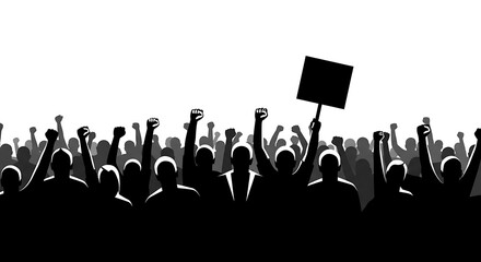 Silhouette Crowd of Protesters Holding Signs and Raising Fists in Demonstration